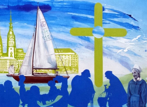Gemälde: Menschen am Wasser vor der Hamburger Silhouette, Segelboote und ein grünes Kreuz